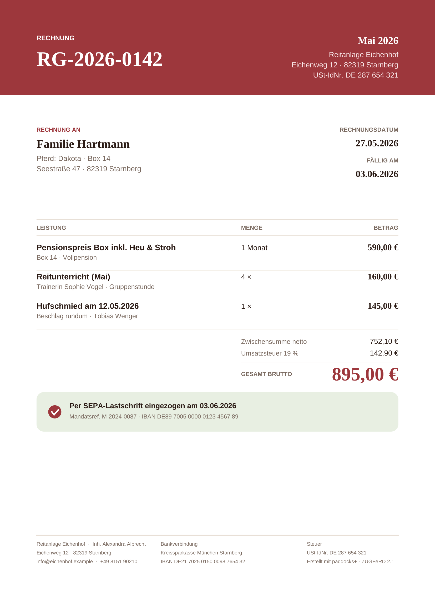 Beispiel-Sammelrechnung RG-2026-0142 — Pension, Reitunterricht und Hufschmied